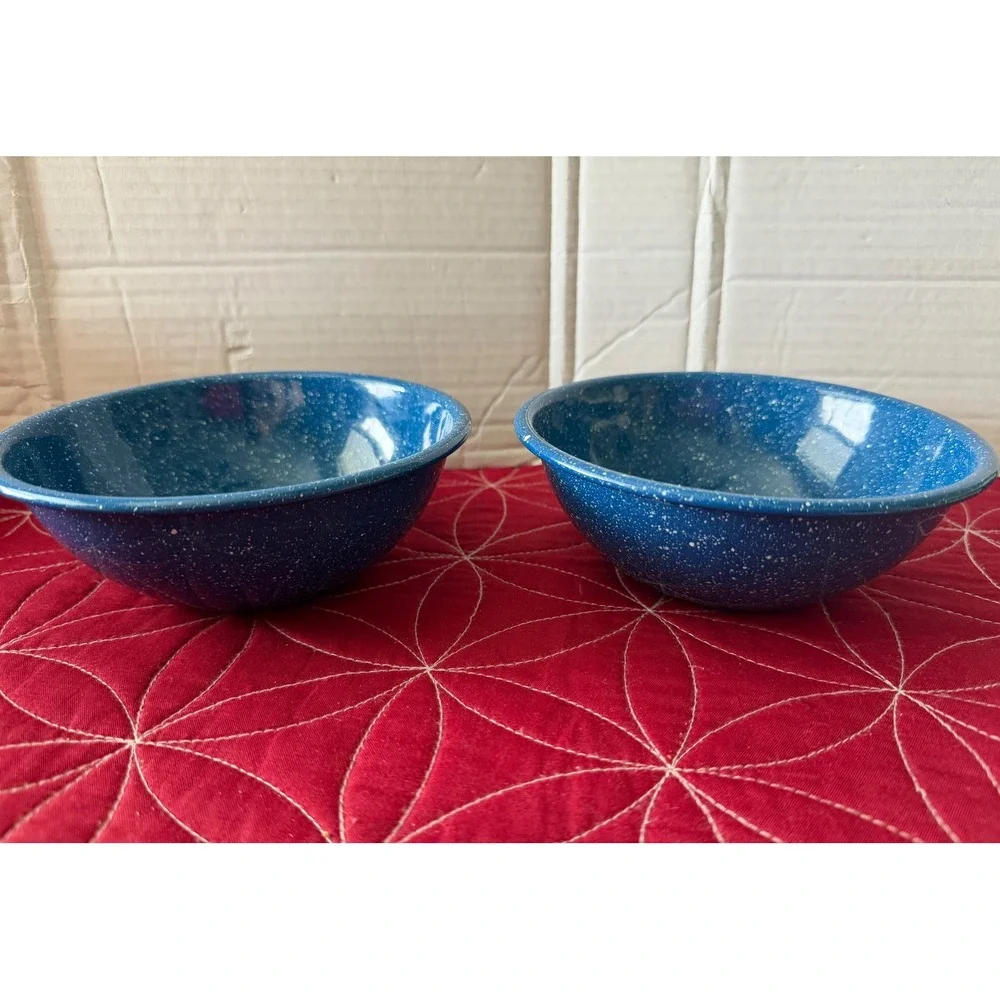 Vintage Blue Speckled Enamelware Bowls Set of 2 Camping Farmhouse 6 Inch